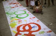 A child paints during a demonstration or