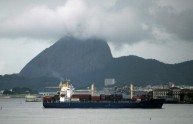 A cargo ship enters Guanabara Bay on its
